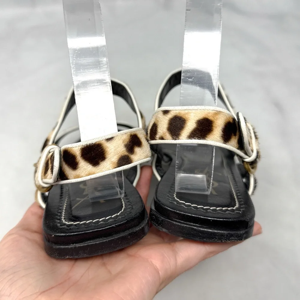 YSL Yves Saint Laurent Vintage Y2K Leopard Calf Hair Leather Flat Sandals Black